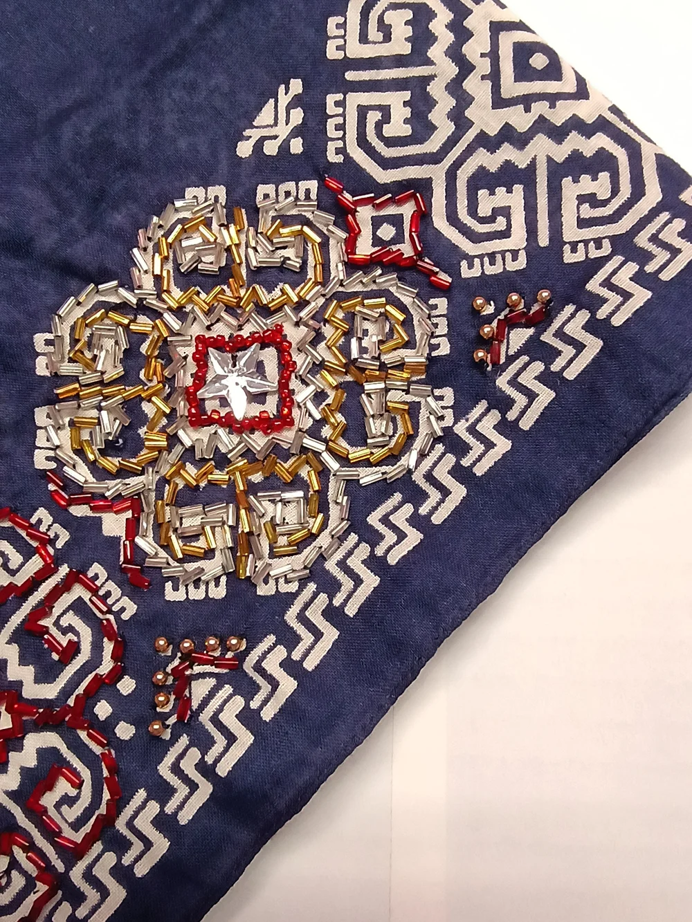 Vintage Bandana Navy Blue With Beadwork 100% Cotton